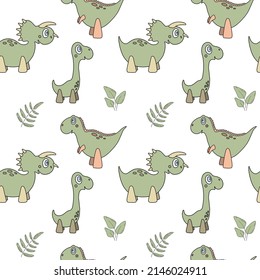 Seamless pattern with cartoon dinosaurs and leaves. Vector illustration with cute children characters. For wallpaper, print, fabric, textile, kids room decor.