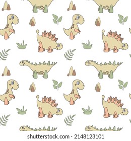 Seamless pattern with cartoon dinosaurs and leaves. Vector illustration with cute children characters. For wallpaper, print, fabric, textile, kids room decor.