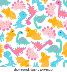 Seamless pattern of ?ute cartoon dinosaurs on white background