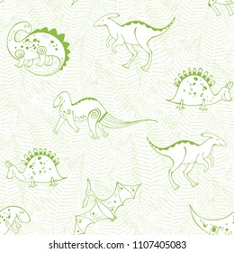Seamless pattern with  cartoon dinosaurs on a background of ferns. Monochrome vector illustration.