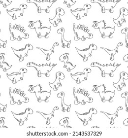 Seamless pattern of a cartoon Dinosaurs. Outline vector illustration with cute children characters. For wallpaper, print, fabric, textile, kids room decor.