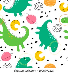 seamless pattern with cartoon dinosaurs in space, planet, moon, decor elements. Colorful vector for kids, flat style, hand drawing. baby design for fabric, print, nursery wallpaper, textile