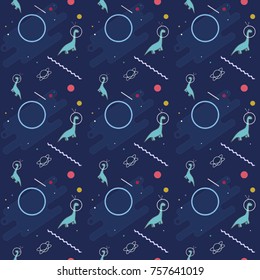 Seamless pattern with cartoon dinosaurs in space