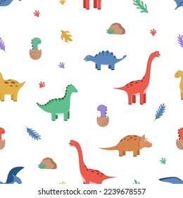 Seamless pattern of cartoon dinosaurs. Vector illustration, kids background or wallpaper