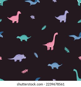 Seamless pattern of cartoon dinosaurs. Vector illustration, kids background or wallpaper