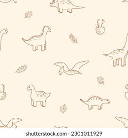 Seamless pattern of cartoon dinosaurs. Vector illustration, kids background or wallpaper.