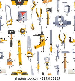 Seamless pattern. Cartoon DIY and construction tools characters. Textile print, vector wrapping paper backdrop with cute hacksaw, sledgehammer and brush, bubble level, toolbox and screwdriver, cutters