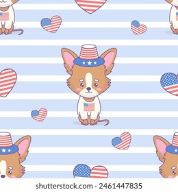 Nahtloses Muster mit Cartoon-Hund Chihuahua mit symbolischem T-Shirt mit amerikanischer Flagge und Hut auf weiß-blau gestreiftem Hintergrund mit Herzen. Vektorillustration. Unabhängigkeitstag