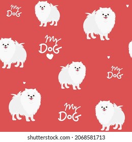 seamless pattern with cartoon dog. Cute Dog breeding white pomeranian spitz for wallpaper, pattern fills, greeting cards, webpage backgrounds, wrapping paper textile, fabric. Vector illustration