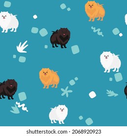 seamless pattern with cartoon dog. Cute Dog breeding pomeranian spitz for wallpaper, pattern fills, greeting cards, webpage backgrounds, wrapping paper textile, fabric. Vector illustration