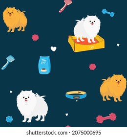 seamless pattern with cartoon dog. Cute Dog breeding white pomeranian spitz for wallpaper, pattern fills, greeting cards, webpage backgrounds, wrapping paper textile, fabric. Vector illustration