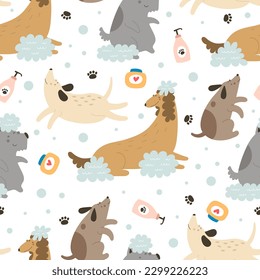 seamless pattern with cartoon dog, decor elements. Colorful flat style. hand drawing. Grooming. baby design for fabric, print, wrapper, textile