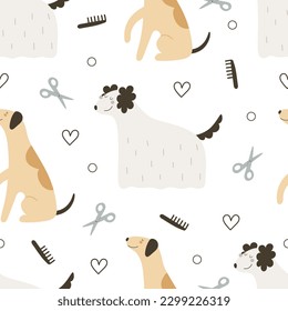 seamless pattern with cartoon dog, decor elements. Colorful flat style. hand drawing. Grooming. baby design for fabric, print, wrapper, textile