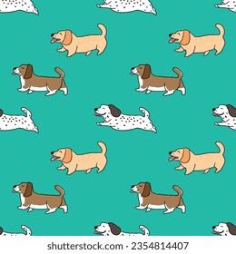 Seamless Pattern of Cartoon Dog Design on Green Background