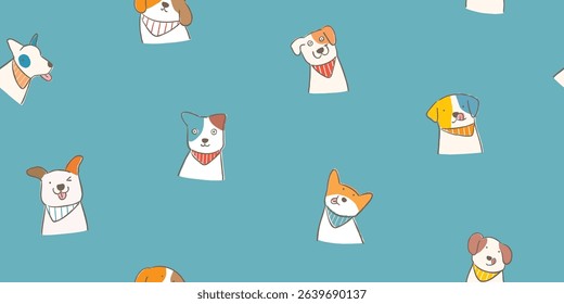 Seamless Pattern with Cartoon Dog Design on Blue Green Background. Hand Drawn Vector Illustration. Not AI Generated.