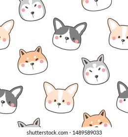 Seamless Pattern with Cartoon Dog Face Design on White Background