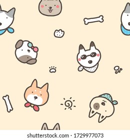 Seamless Pattern with Cartoon Dog Face and Paw Design on Light Yellow background