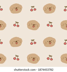 Seamless Pattern with Cartoon Dog Face and Cherry Design on Light Brown Background