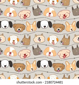 Seamless Pattern with Cartoon Dog Face Design on Grey Background with Wavy Lines