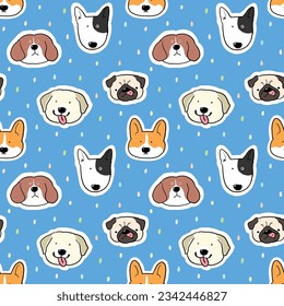 Patrón sin inconvenientes con diseño de cara de perro de caricatura en fondo azul
