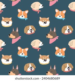 Seamless Pattern with Cartoon Dog Face Design on Dark Blue Background