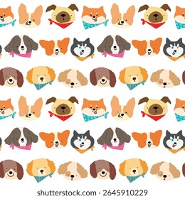 Seamless Pattern of Cartoon Dog Face Design on White Background. Hand Drawn Vector Illustration. Not AI Generated.