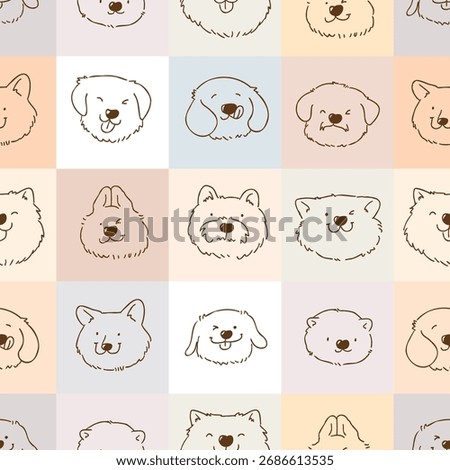 Seamless Pattern with Cartoon Dog Face Doodle Design on Pastel Plaid. Hand Drawn Vector Illustration. Not AI Generated.