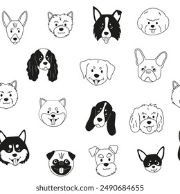 Patrón sin fisuras con caras de perro de dibujos animados en Vector. Cachorros lindos negros y blancos incluyendo Pug, Bichon Frise, West Highland White Terrier y Shiba Inu