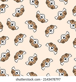 Seamless pattern of cartoon dog heads with a bone in their mouth. Puppy print. Vector stock image
