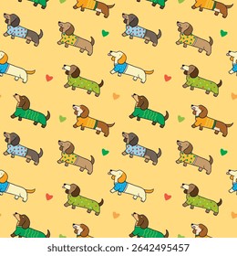 Seamless Pattern with Cartoon Dog and Heart Design on Yellow Background. Hand Drawn Vector Illustration. Not AI Generated.