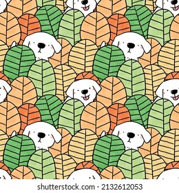 Seamless Pattern of Cartoon Dog and Leaf Illustration Design