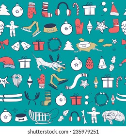 Seamless pattern with cartoon  dog other things, Christmas tree. Funny winter elements. Illustration be used for pattern fills, wallpapers, web page, surface textures. 