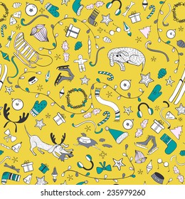 Seamless pattern with cartoon  dog other things, Christmas tree. Funny winter elements. Illustration be used for pattern fills, wallpapers, web page, surface textures. 