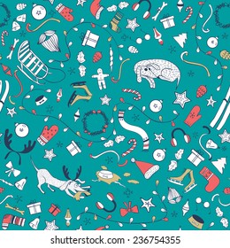 Seamless pattern with cartoon  dog other things, Christmas tree. Funny winter elements. Illustration be used for pattern fills, wallpapers, web page, surface textures. 