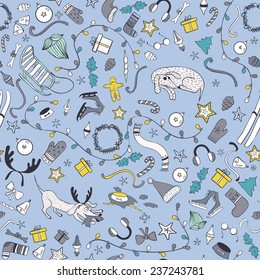 Seamless pattern with cartoon  dog other things, Christmas tree. Funny winter elements. Illustration be used for pattern fills, wallpapers, web page, surface textures. 