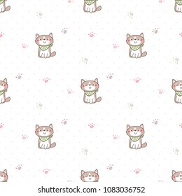Seamless Pattern of Cartoon Dog and Paw Design on White Background with Pink Dots