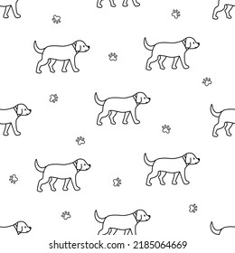 Seamless pattern cartoon dog and paw prints, background kids wallpaper, vector illustration