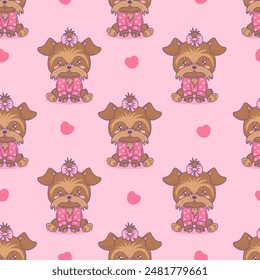 Patrón sin fisuras con perro de dibujos animados niña Yorkshire Terrier sobre fondo rosa. Divertido animal kawaii. Ilustración vectorial. Colección infantil
