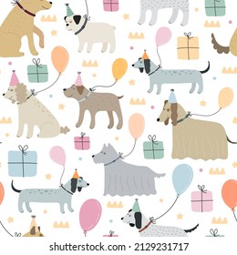 Seamless pattern with cartoon dogs, balloons, decor elements. Festive colorful vector, flat style. hand drawing. happy Birthday. kids design for print, wrappers