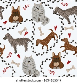 Seamless pattern with cartoon dogs and bones for kids print.