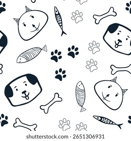 Seamless pattern cartoon dogs and cats. Animal head vector illustration on white isolated background. Funny pet seamless pattern. Template for fabric and textile, wallpaper, packaging.