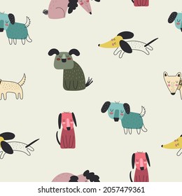 Seamless pattern with cartoon dogs. colorful vector for kids. Animals. hand drawing, flat style. baby design for fabric, print, textile, wrapper