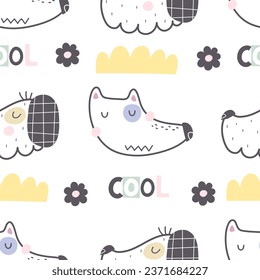 Patrón sin foco con perros de dibujos animados. vector colorido para los niños. Animales. dibujo a mano, de estilo plano. diseño de bebé para tela, impresión, textil, envoltura	