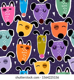 Seamless pattern with cartoon dogs, decor elements on a neutral background. Colorful flat vector for kids. hand drawing. baby design for print, fabric, textile, wrapper.