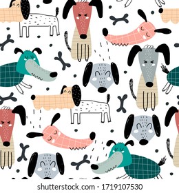 Patrón sin inconvenientes con los perros de dibujos animados, elementos decorativos. vector colorido para los niños. Animales. dibujo a mano, de estilo plano. diseño para bebés de tela, estampado, textil, envoltura