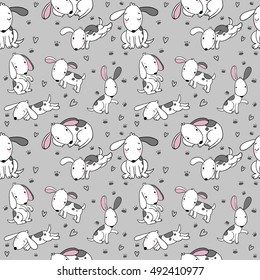 Seamless pattern with cartoon dogs. Funny puppies. Cute animals. Background for fabric, textile design or wallpaper.