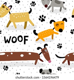 Seamless pattern with cartoon dogs, lettering, decor elements. Colorful flat vector for kids. hand drawing. baby design for print, fabric, textile, wrapper.