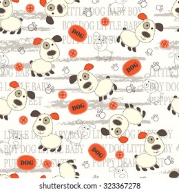 Seamless pattern with cartoon dogs, lettering and dogs paws