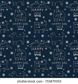 Seamless pattern with cartoon dogs and New Year's inscriptions with a dark blue color. Vector image.