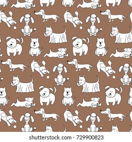 Seamless pattern with cartoon dogs on the brown background. Vector illustration.